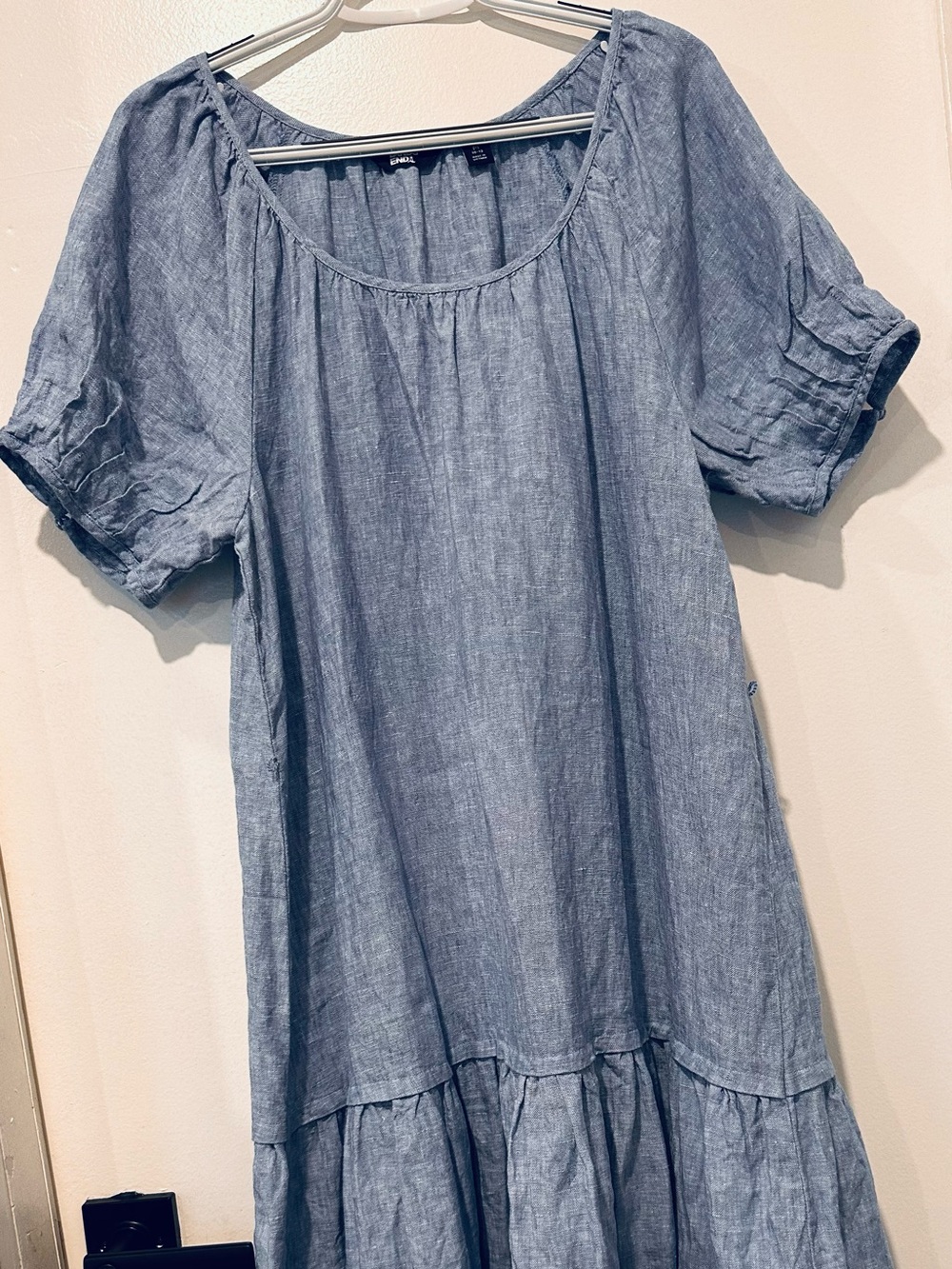 Lands' End Chambray Puff-Sleeve Tiered Midi Dress — Light Blue - Picture 10 of 10